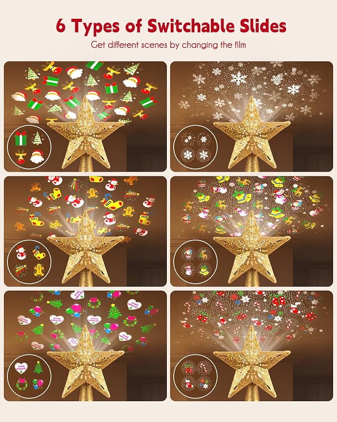 Brightown Christmas Tree Topper Lighted with 6 Projection Modes,9.8”Christmas Star Tree Topper with Built-in LED Rotating Lights,Tree Top with Golden Spangles Plated Plug in for Christmas Decorations