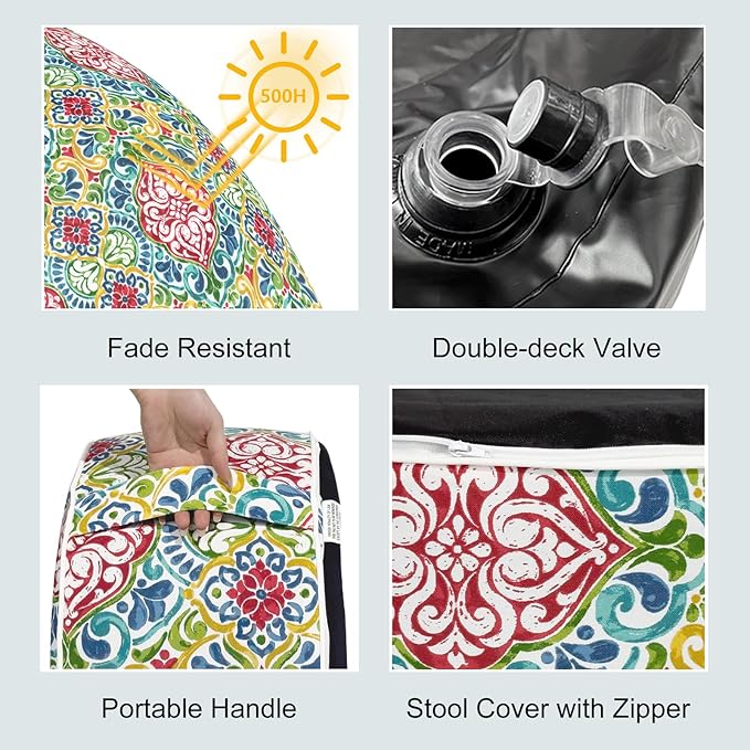 LVTXIII Indoor/Outdoor Inflatable Ottoman, D31 x H14 Inch Large Round Ottoman, All Weather Foot Rest Stool, Portable Footrest for Patio, Garden, Camping and Home - Damask Red