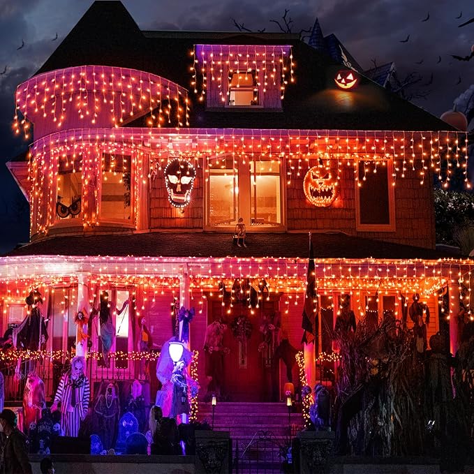 Orange Halloween Lights Outdoor, 66FT 640 LED Icicle Lights for Outside with 8 Modes Timers, Waterproof Plug in Twinkle String Light for House Yard Eave Patio Party Holiday Decorations