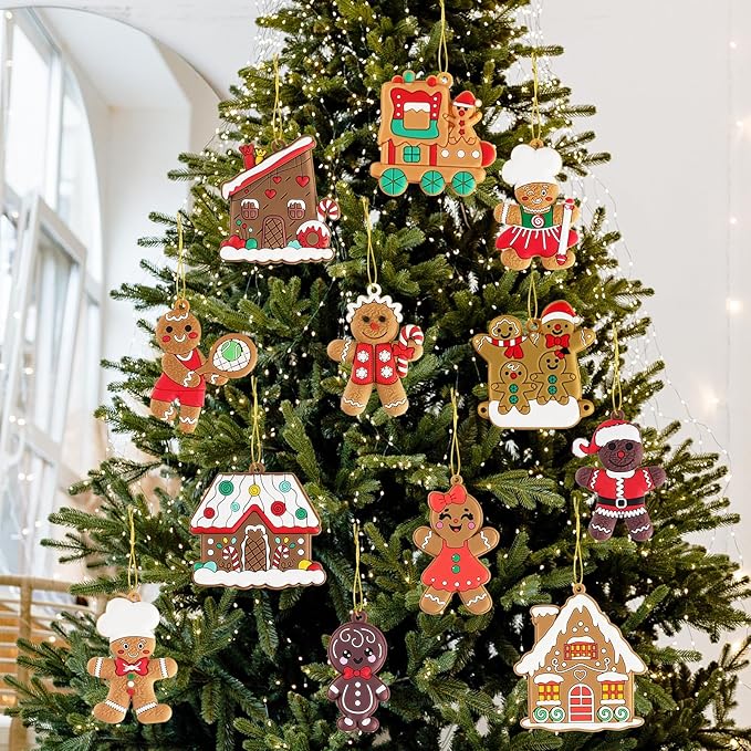 24pcs Gingerbread Man Ornaments for Christmas Tree, Assorted Gingerbread Figurines Decorations with Gingerbreads House Ornaments for Holiday Christmas Tree Home Decor
