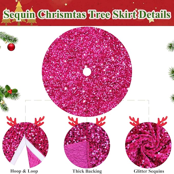 MODFUNS Glitter Christmas Tree Skirt Hot Pink Sparkly Tree Skirt 60 Inch Christmas Tree Mat Large Sequins Xmas Tree Skirt Rustic Shiny Tree Carpet Velvet Tree Cover Skirt for Xmas Celebration Decor
