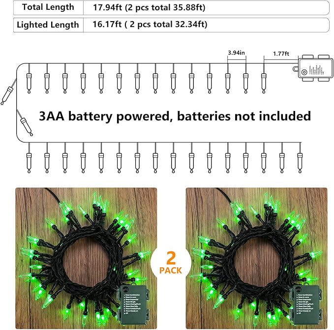 BrizLabs Green String Lights, 17.94ft 50 LED Christmas Lights, 8 Modes Battery Green Xmas Lights Indoor/Outdoor, Mini Decorative Holiday Light String Green Wire for Christmas Party Home Decor