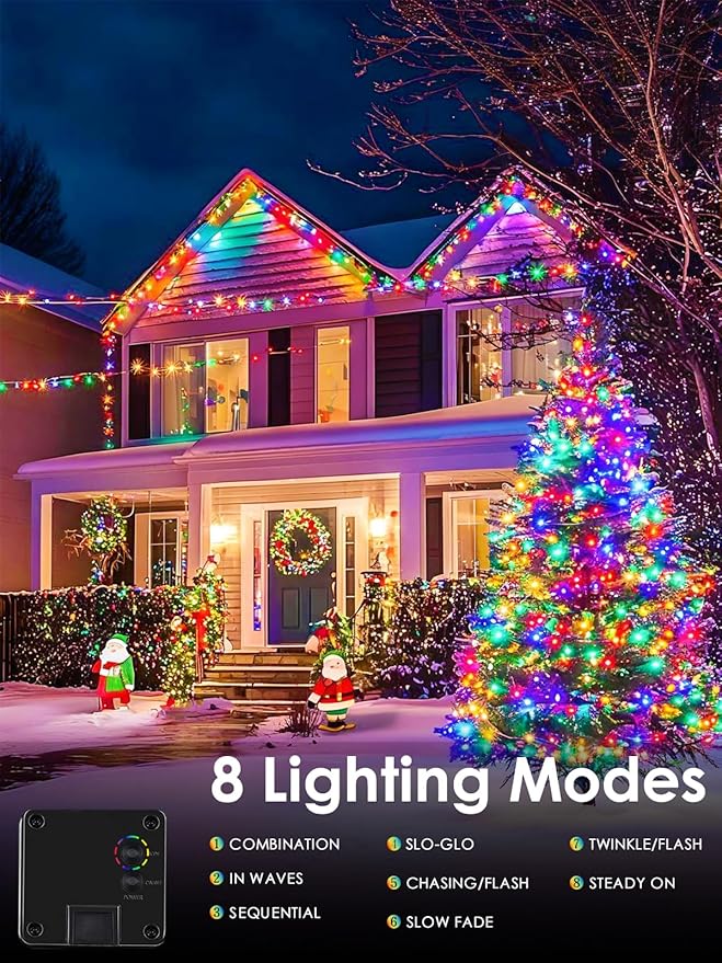 Multicolor Solar Christmas Lights Outdoor Decorations Waterproof, Tatal 6 Pack 600LED 198FT Solar String Lights Green Wire with 8 Modes, Christmas Fairy Light for Xmas Tree Party Wedding Garden Decor