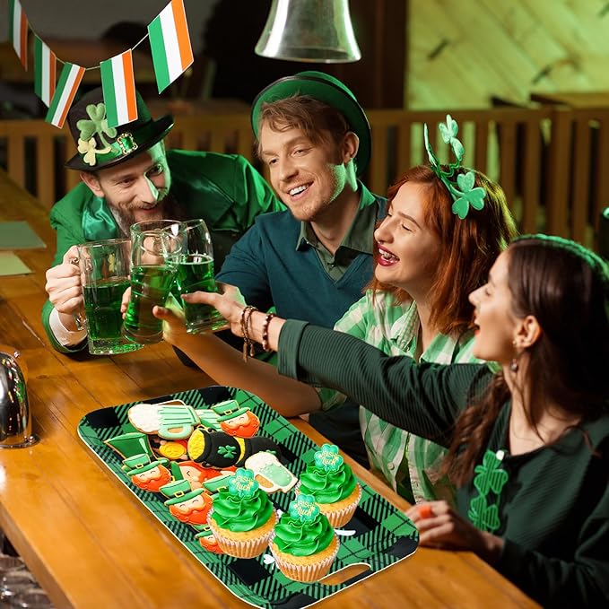 gisgfim 2Pcs St. Patrick's Day Serving Trays with Handle 16 x 11 Inch Large Melamine Rectangular Buffalo Plaid Serving Platter Tray Lucky Shamrock Melamine Dishes for Serving Food Outdoor Party