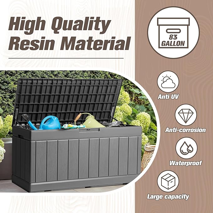 JUMMICO 83 Gallon Outdoor Deck Box Large Resin Storage Box for Patio Furniture Cushions, and Garden Tools (Gray)
