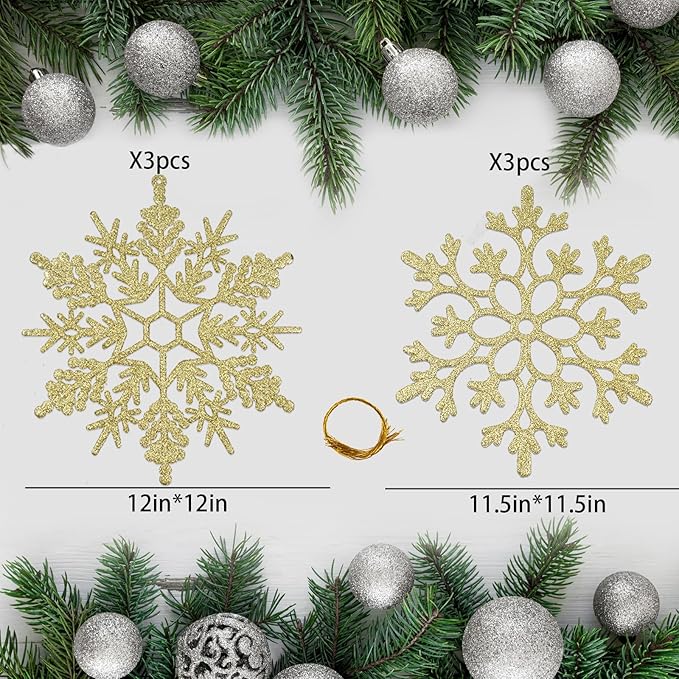 6pcs Large Gold Snowflakes Ornaments 12" Big Plastic Glitter Snowflake for Winter Indoor Outdoor Christmas Tree Window Room Decorations Giant Craft Snowflakes