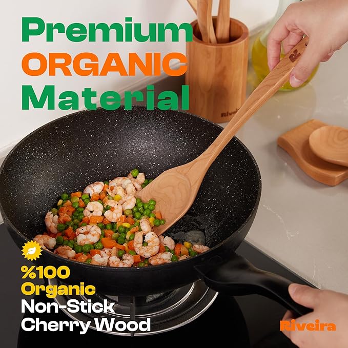 Riveira Cherry Wooden Spoons for Cooking Set of 6 – Natural Cherry Wood Cooking Utensils, Wooden Spatula, Wooden Spoon - Premium Quality Wooden Utensil Set for Non-Toxic Cooking