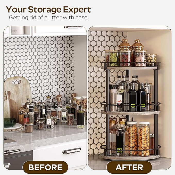 3-Tier Lazy Susan Organizer, Rotating Spice Rack, Spinning Organizer, Industrial Turntable Spice Rack Organizer for Cabinet, Kitchen Countertop, Greige and Black SR23BG