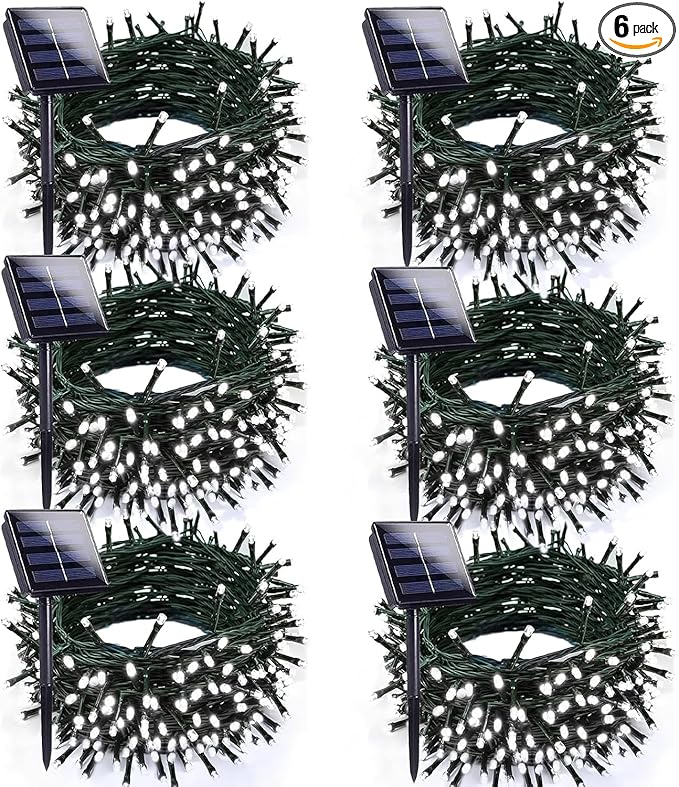 6pk Cool White Solar Christmas Lights Outdoor Waterproof, 600 LED 198FT Solar Powered LED String Lights Green Wire with 8 Modes, Solar Fairy Lights for Xmas Tree Party Wedding Garden Fence Decorations