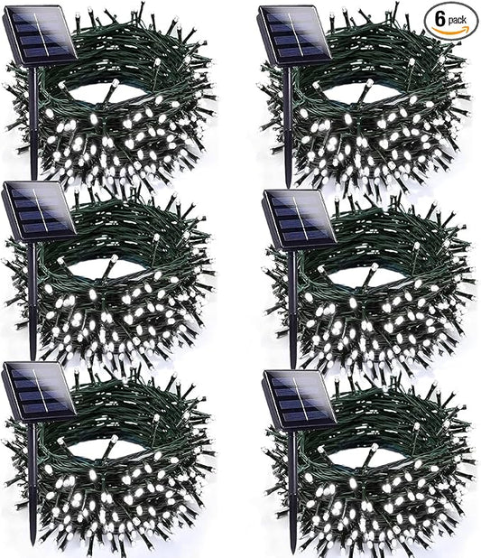 6pk Cool White Solar Christmas Lights Outdoor Waterproof, 600 LED 198FT Solar Powered LED String Lights Green Wire with 8 Modes, Solar Fairy Lights for Xmas Tree Party Wedding Garden Fence Decorations