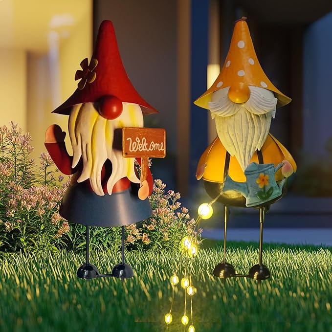HONGLAND Metal Gnome Yard Art -18 Inch Garden Gnomes Statues Outdoor Decor with Watering Can Solar Lights -3D Outdoor Figurines for Patio Yard Lawn Porch Ornament Gardening Gifts