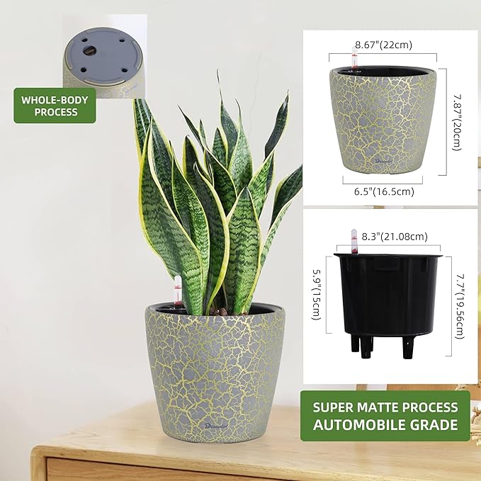 Dexceder 9x8 Inches Self Watering Planter Indoor Outdoor, Inner Pot Design, Thickened Table Flower Plant Pot with Water Level Indicator (Grey Gold Crackle)
