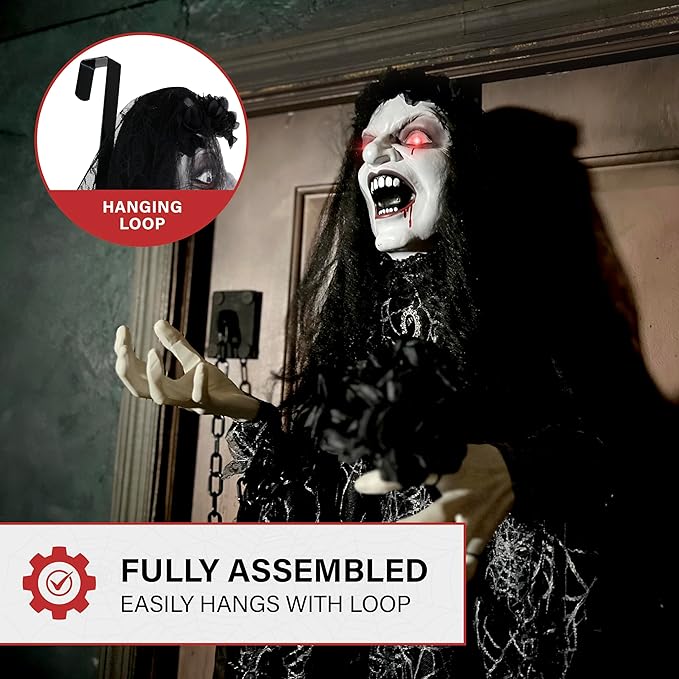 Haunted Hill Farm Animatronic Scary Demon Widow Door Greeter with Touch Activated Lights and Sound, Battery-Operated Indoor or Covered Outdoor Halloween Decoration