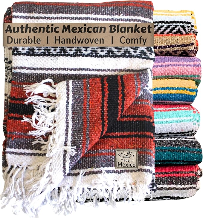 Del Mex Classic Mexican Blanket, Large Authentic Woven Falsa Throw (70"x50"), Artisan Southwest Décor for Beach, Yoga, Outdoors (Terracotta)