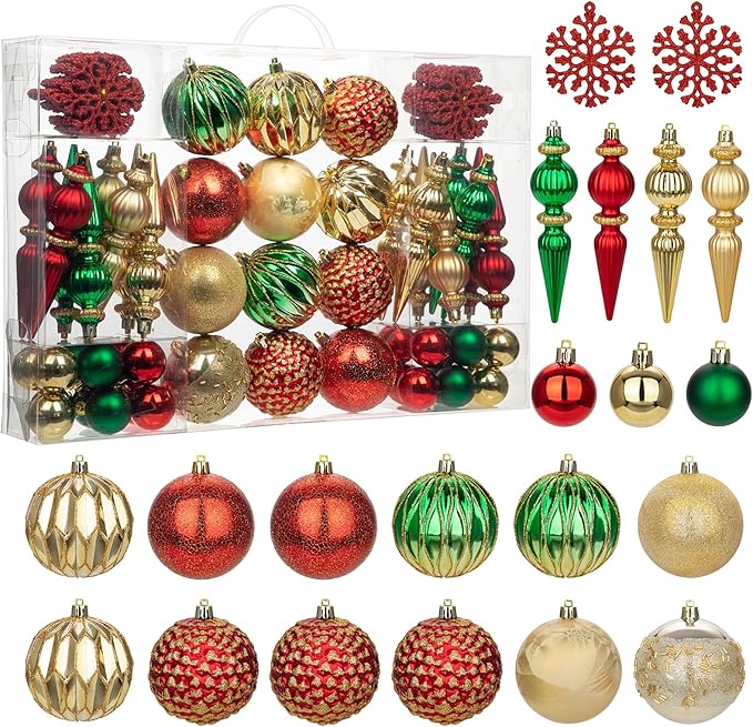 92ct Christmas Tree Decoration Set - Shatterproof Christmas Baubles with Strings for Wreath, Garland & Party Decoration, Red-Green