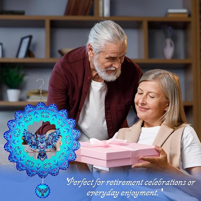 Owl Gifts for Women Men, Owl Hanging Wind Spinners Outdoor, 12Inch 3D Stainless Steel Reflective Wind Spinners Garden Decor