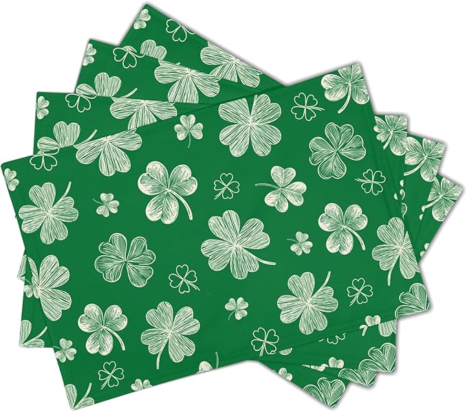 St. Patrick's Day Placemats Set of 4 Spring Holiday Green Shamrock Washable Non-Slip Heat Resistant Place Mats 12x18 Inch Rustic Linen Table Mats for Kitchen Dining Party Decor