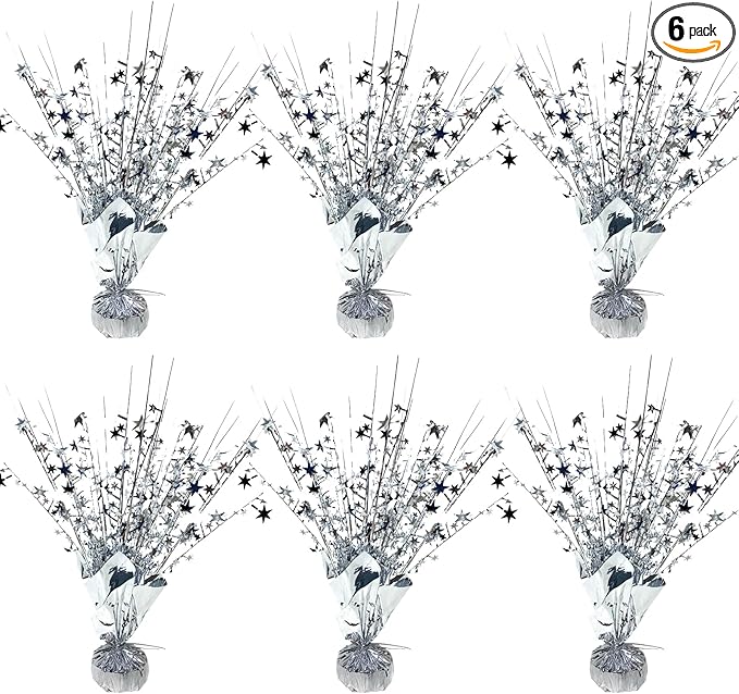6 Pack Metallic Foil Spray Centerpiece Star Table Decoration Burst Table Centerpieces for Birthday Wedding Anniversary Graduation Holiday Party Supplies Decor, Silver