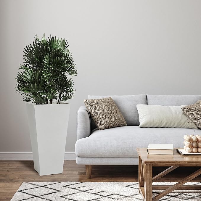 Worth Garden 2-Pack White Matte Texture Square Tapered Planter - 25.5" H. Tall Plastic Plant Pots with Drain Hole for Indoor Outdoor - Modern Decorative Flower Pots for Front Porch, Patio, Deck