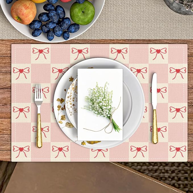 Pink Bow Placemats Set of 4, Table Mat for Home Kitchen, Restaurants, Outdoor Linen Washable Place Mats 12x18 inch Party Event Dining Decoration-03