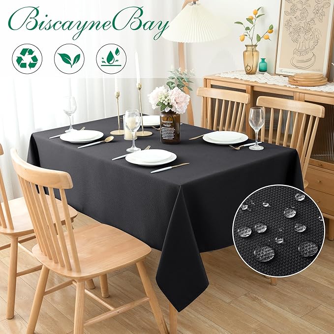 Biscaynebay Textured Fabric Tablecloths 70x120 Inches Rectangular, Black Water Resistant Spill Proof Tablecloths for Dining, Kitchen, Wedding and Parties, Machine Washable