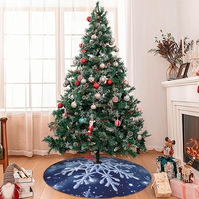 48" Blue Snowflakes Christmas Tree Skirt Large Tree Mat Base Cover for Xmas Festive Holiday Party Decoration Ornaments