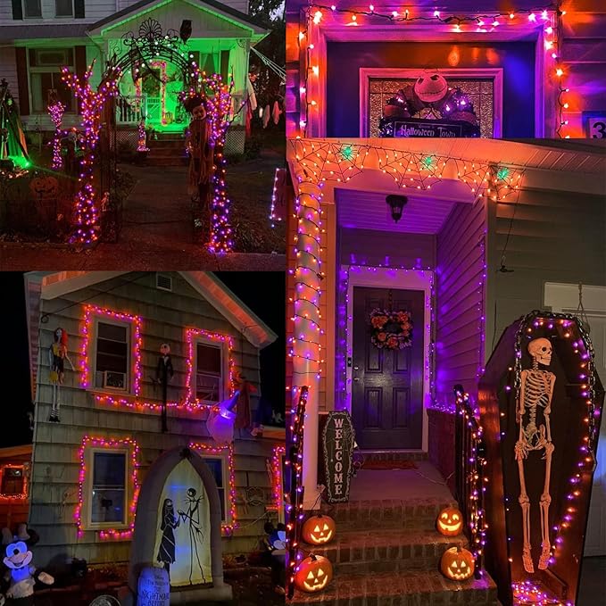 Brizled Orange & Purple Halloween Lights, 100 Count Connectable, UL Certified Incandescent String Lights, Black Wire Mini Lights Set for Indoor/Outdoor Halloween Party Decor