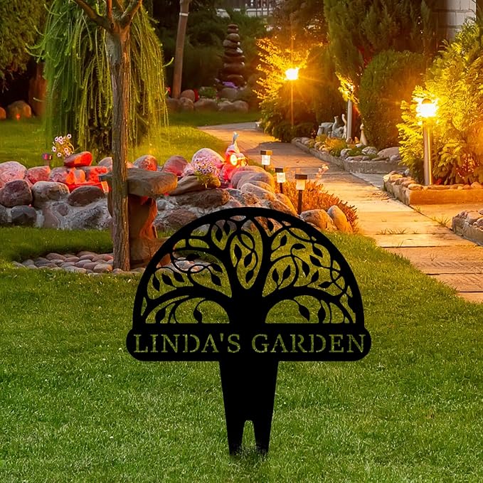 Personalized Tree of Life Metal Garden Sign with Stake, Custom Family Name Sign for Outdoor, Nature Lover Gift