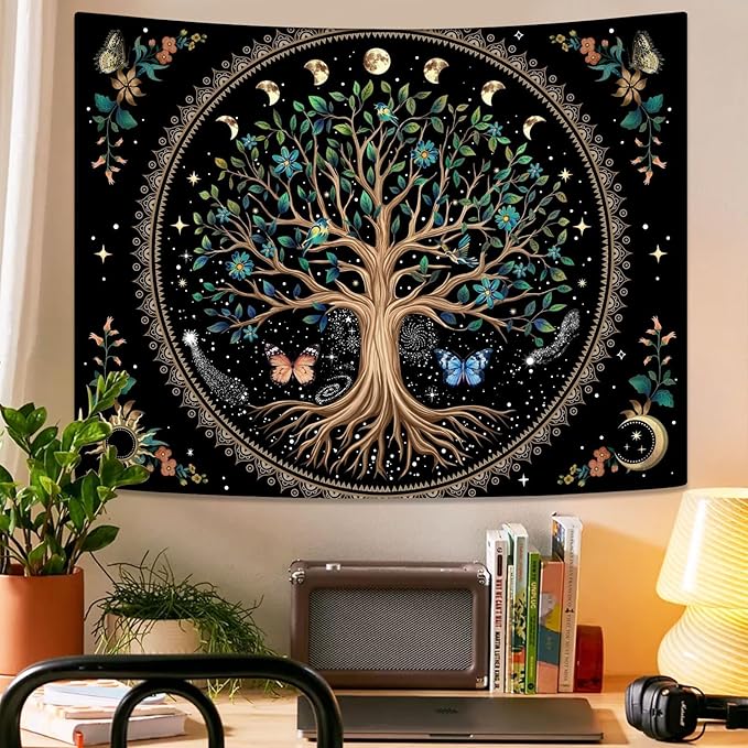 Lunerfex Tree of Life Tapastry Sun and Moon Tapastry Flower Boho Tree Mandala Wall Hanging for Bedroom and Living Room Decor Green Tree 36×48 Inches