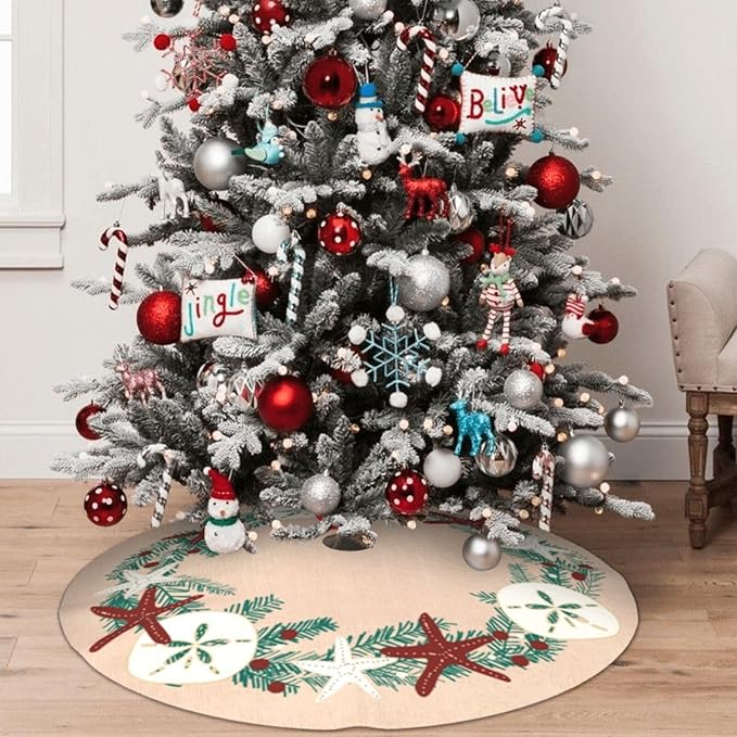 36" Large Christmas Tree Skirt, Coastal Rustic Beach Christmas Holiday Starfish Pattern Tree Mat Base Cover for Xmas Festive Holiday Party Decoration Ornaments