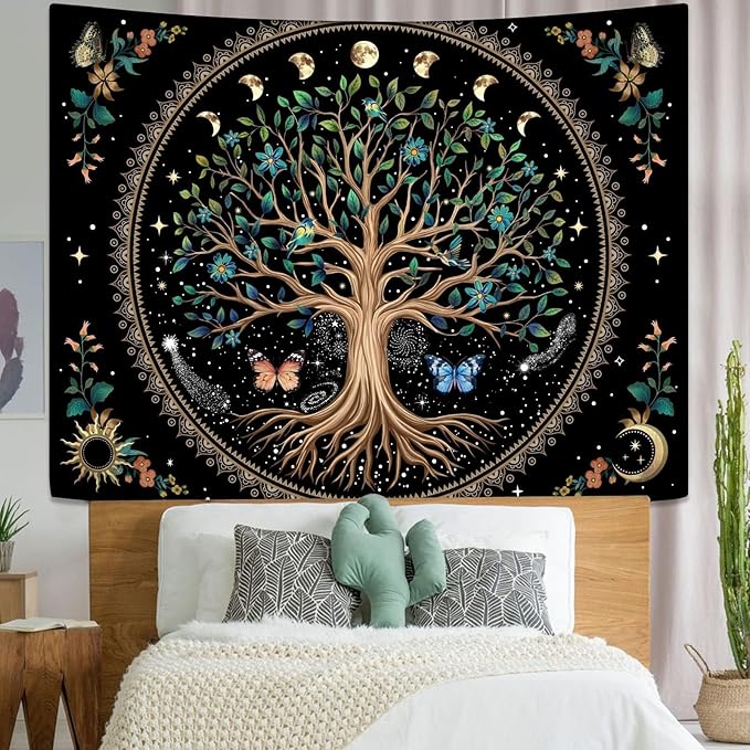 Lunerfex Tree of Life Tapastry Sun and Moon Tapastry Flower Boho Tree Mandala Wall Hanging for Bedroom and Living Room Decor Green Tree 70×90 Inches