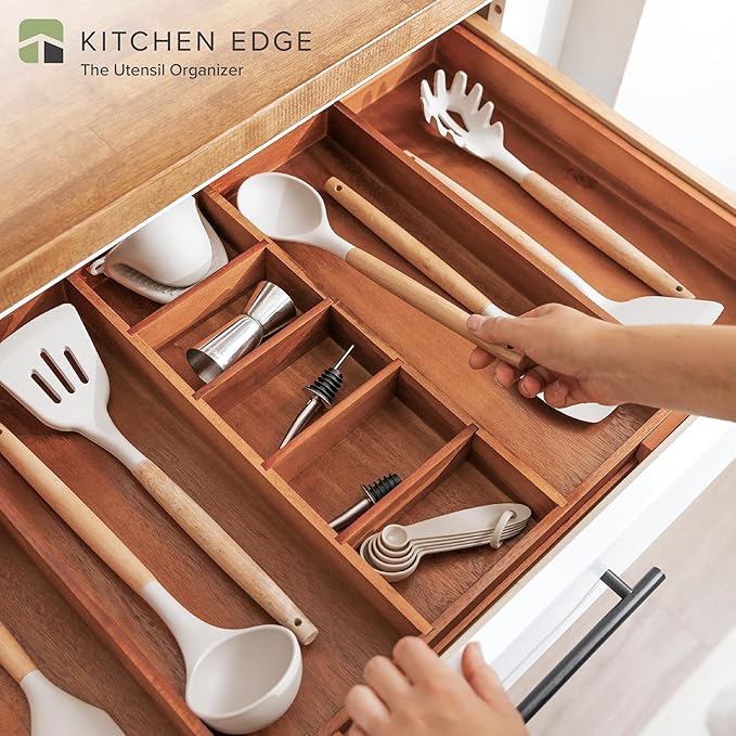 Adjustable Kitchen Drawer Organizer for Utensils and Junk, Food-Safe Contract Grade with 100% Sustainable Wood, Non-Slip, Expandable from 18.5 to 33 Inches Wide - Natural Acacia