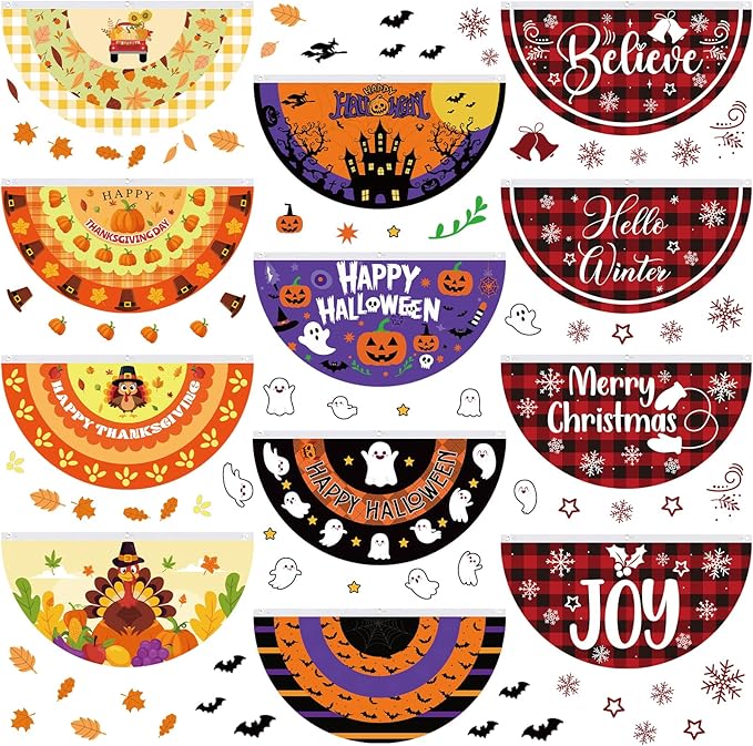 Lounsweer 12 Pcs Halloween Bunting Fan Flag for Outside 3 x 1.5 ft Fall Thanksgiving Bunting Flag Outdoor Pumpkin Ghost Turkey Seasonal Half Fan Banner for Autumn Halloween Christmas Porch Yard Decor