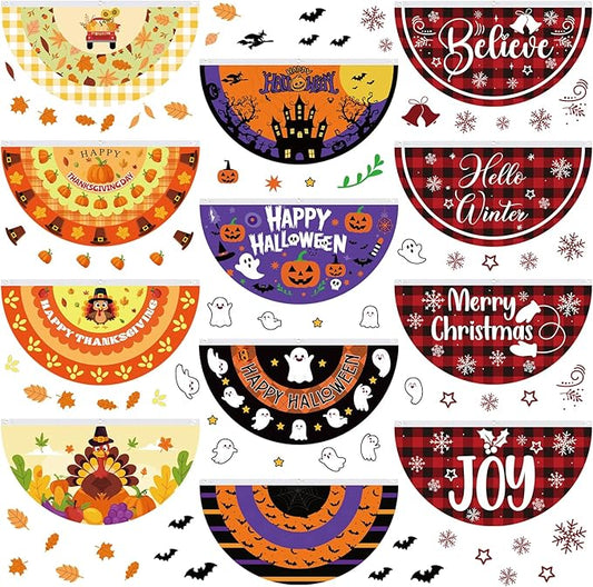 Lounsweer 12 Pcs Halloween Bunting Fan Flag for Outside 3 x 1.5 ft Fall Thanksgiving Bunting Flag Outdoor Pumpkin Ghost Turkey Seasonal Half Fan Banner for Autumn Halloween Christmas Porch Yard Decor