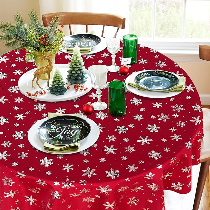 LUSHVIDA Christmas Tablecloth Round - 60inch Snowflakes Foil Print Pattern Washable Wrinkle Resistant Holiday Tablecloths for Christmas Family Gathering, Dining Room Table 130GSM