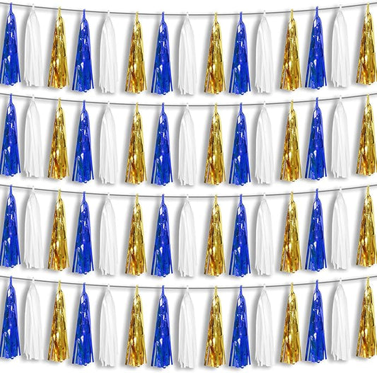 4P Navy-Blue White-Gold Foil Fringe Metallic Tassel-Garland, Tassels Banner Streamers for Parade Floats, Bachelorette, Wedding, Birthday, Halloween, Christmas, Bridal/Baby Shower Party Decorations