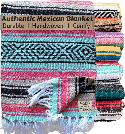 Del Mex Classic Mexican Blanket, Large Authentic Woven Falsa Throw (70"x50"), Artisan Southwest Décor for Beach, Yoga, Outdoors (Mint/Tan/Pink)