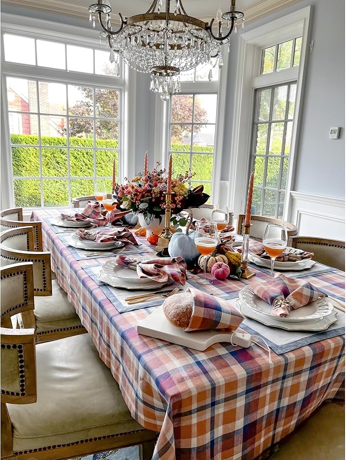 Solino Home Linen Tablecloth 60 x 108 Inch - 100% Pure Linen Plaid Fall Multicolor Table Cloth for Rectangle Tables - Thanksgiving, Autumn, Fall Flavors Madras, Machine Washable Tablecloth