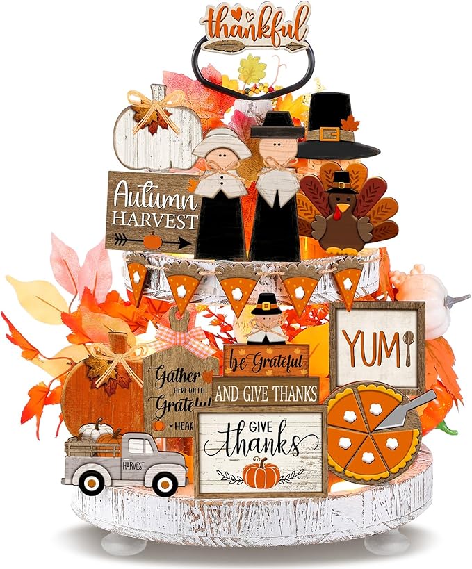 21 Pcs Fall Tiered Tray Decoration Set Thanksgiving Table Sign Pumpkins Farmhouse Decor Gnome Maple Leaves Centerpieces Harvest Wood Blocks Signs Fall Block Tabletop for Autumn(Fresh)