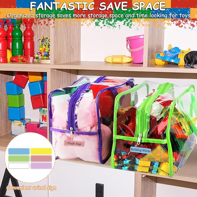 6 Colors Widen X-Large Toy Storage Bags 12.6×9.25×6.9In with Labels, Reusable Clear PVC Board Game Storage, Travel Waterproof Organizer Bags with Zipper for Building Blocks, Puzzle, Stuffed Animals