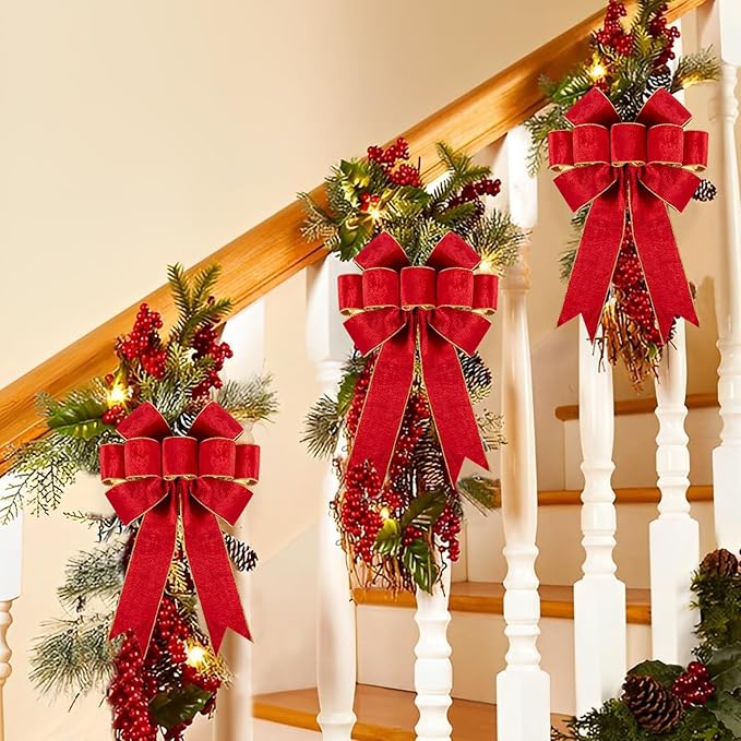 3pcs Large Christmas Bows Velvet Red Bows Holiday Red Christmas Bows Decorations for Wreath Velvet Bows Decor for Christmas Tree Topper, Front Door, Outdoor(14 * 12 inch)
