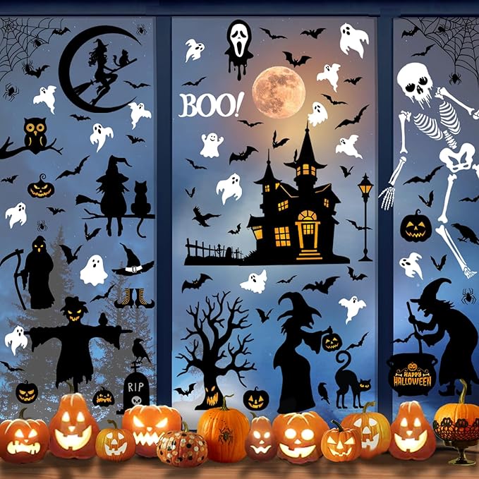 150 Pcs Halloween Window Clings Bats Witches with Cauldron Halloween Window Decoration | Large-Size Double-Side Skeletons Windo Clings Hallowee Party Decoration Reusable & Removable