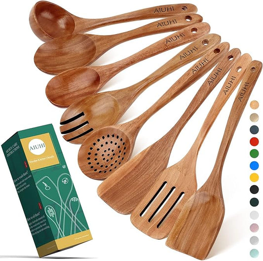 AIUHI Wood Spoons for Cooking, Nonstick Kitchen Utensil Set, Wooden Spoons Cooking Utensil Set Non Scratch Natural Teak Wooden Utensils for Cooking (Teak 8 Pack)