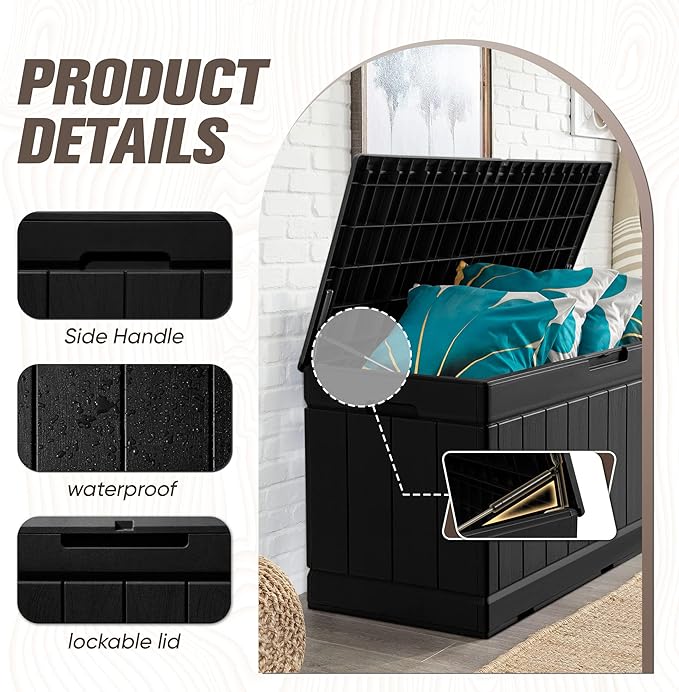 JUMMICO 83 Gallon Outdoor Deck Box Large Resin Storage Box for Patio Furniture Cushions and Garden Tools (Black)