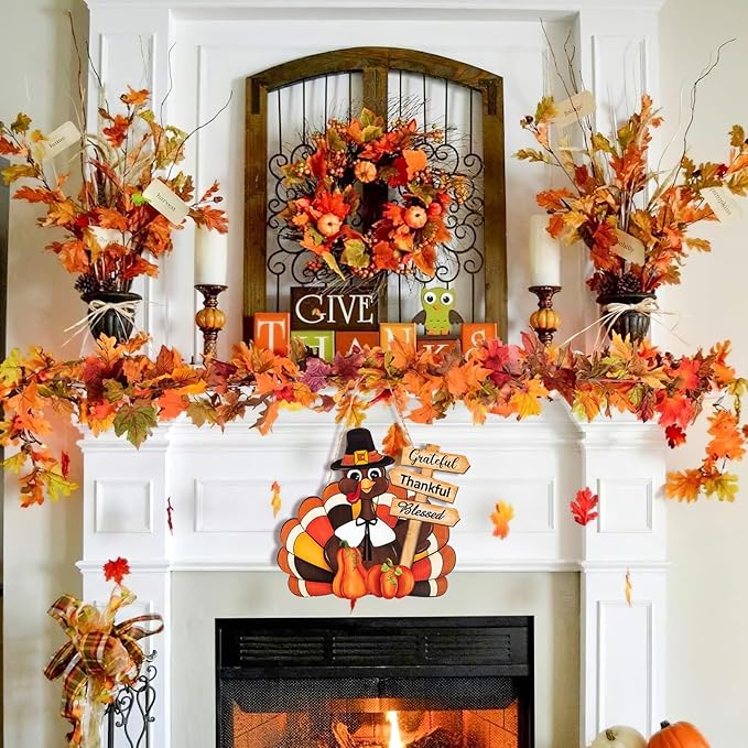 Thanksgiving Decoration Wooden Turkey Pumpkin Door Wreath for Front Door Sign Wall Signs, Thankful Blessed Grateful Pumpkin Sign Hanging for Fall Autumn Harvest Home Halloween Decoration