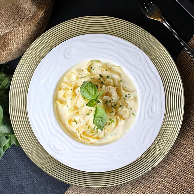 13" Round Charger Plates, 6 pack Ring Pattern Plastic Chargers for Dinner Plate, Vintage Charger Plates Bulk Wedding, Metallic Foil Gold