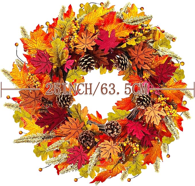 Fall Wreaths for Front Door, 24" Autumn Wreath with Berry Wood Maple Leaves and Pine Cones, Orange Thanksgiving Wreath for Outside Indoor Wall Window Home Festival Decor