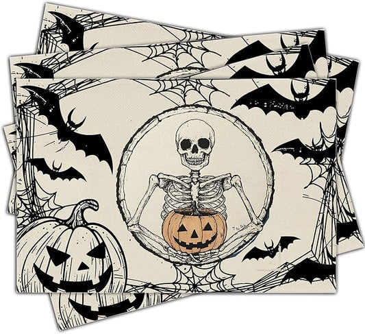 Halloween Skeleton Placemats Set of 4, 12x18 Inch Pumpkin Bats Table Mats, Washable Heat Resistant Place Mats for Kitchen Dining Table, Spooky Themed Decoration for Home-B11