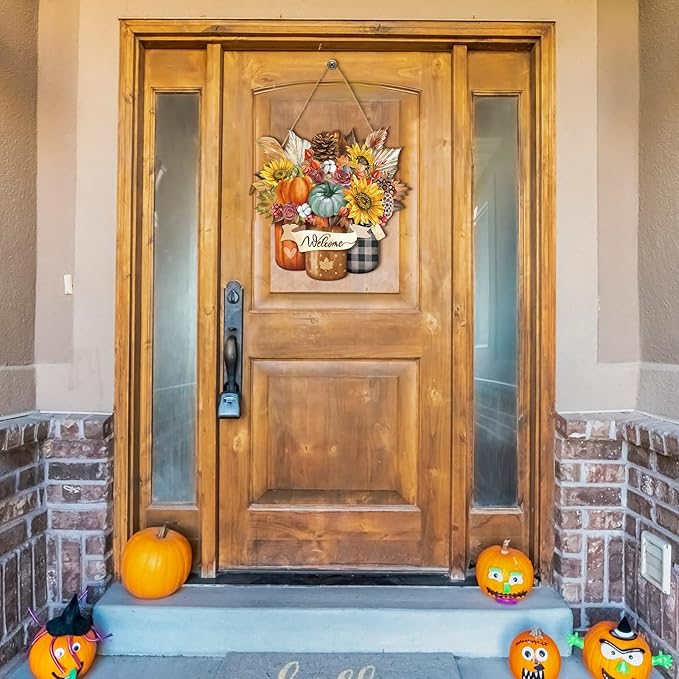 Boao Welcome Fall Door Decorations Thanksgiving Sign Hanging Decoration Wall Hanger Masquerade Carnival Wreath for Outdoor Farmhouse Porch Front Door Decor
