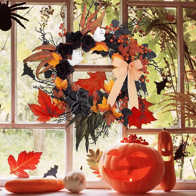 Adeeing 26 Inch Halloween Wreaths for Front Door, Halloween Decorations Ghost Wreath with Feathers Artificial Black Rose and Ribbon for Indoor Outdoor Home Party Decor